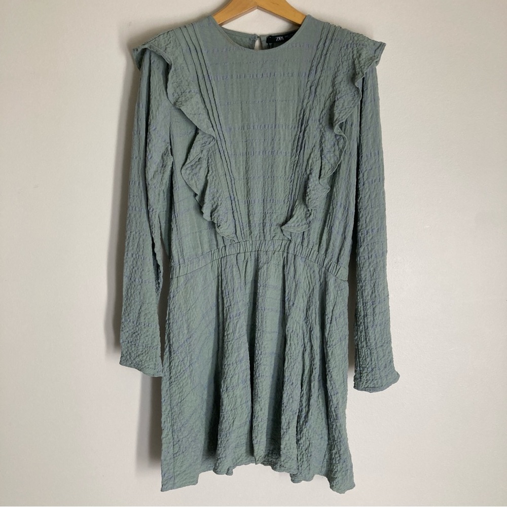 Zara Sage Green Long Sleeve Ruffle Dress Size Large